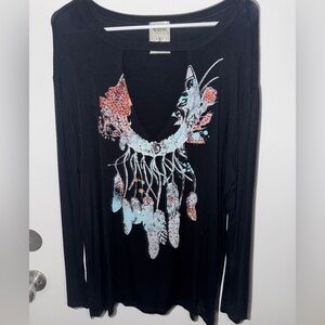 Vocal Black Long Sleeve Top with Feather Rhinestone Print